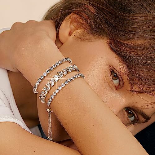 GEMOSA 3 Pcs Tennis Bracelet Set 14K Gold Plated Marquise Cubic Zirconia CZ Diamond Dainty Adjustable Silver Bracelets for Women Brides Stackable Fashion Jewelry Wedding Prom Gift - color: Gold-White CZ