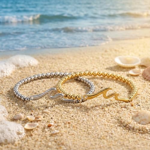 Matching Bracelets for Couple,Gold Silver Beaded Heart Couples Bracelets,Raomantic Relationship Promise Jewelry Gifts for Her - color: Wave