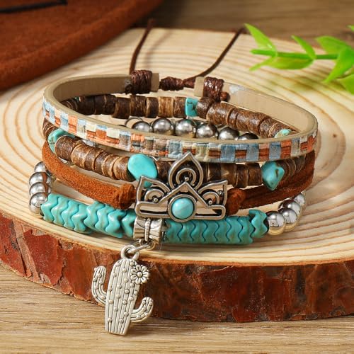 Western Turquoise Beaded Bracelet Stack - Vintage Cowgirl Stretch Set with Bull Skull, Feather & Boot Charms, Handmade Boho Jewelry for Rodeo, Country Concerts & Casual Western Outfits - style: 4