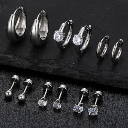 Silver Gold Plated Surgical Steel Flat Back Earrings for Women Hypoallergenic 14K Gold Plated Stud Huggie Earring Set Fashion Shell Cubic Zirconia Flatback Studs Cartilage Earrings Pack for Multiple Piercing 5/8Pairs - color: 6 Pairs Silver Plated Hoops F