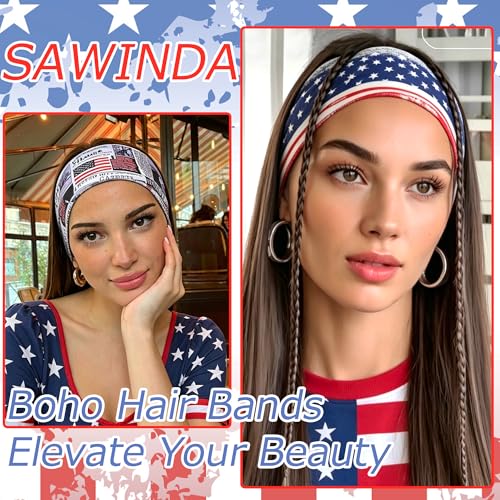 4th of July Headbands for Women 4 Pack American Flag Wide Twist Knotted Head Bands Elastic Stretchy Hair Bands Wraps Independence Day Festival Turbans Yoga Workout Hair Accessories - color: Red+Blue+White