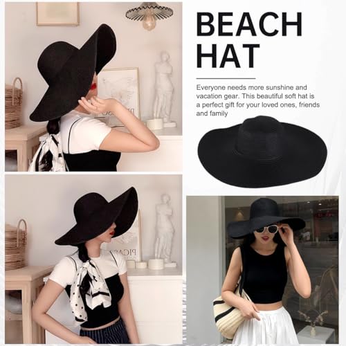 Women Wide Brim Sun Straw Hat Floppy Foldable Roll Up Beach Cap UPF 50 Summer Hat for Holiday Traveling Daily Wearing (Black) - color: Black