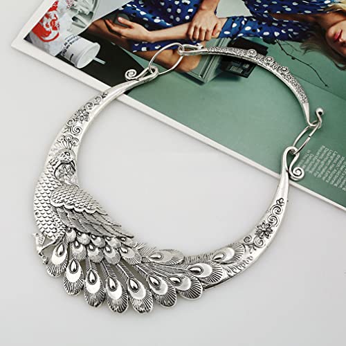 YAZILIND Chunky Bib Necklace Peacock Bohemian Women's Vintage Silver Plated Ethnic Clavicle Collar Jewelry