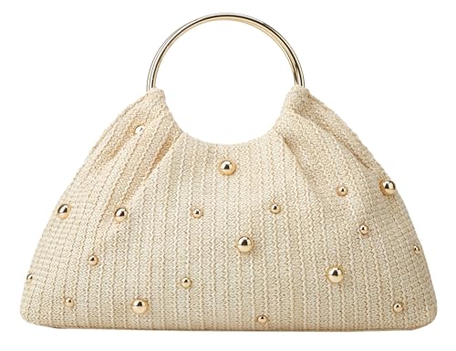 Straw Woven Beach Bag 2026 Summer Beaded Top Handle Handbag Raffia Evening Purse Wedding Clutch Vacation Tote Wristlet Bag - color: Beige