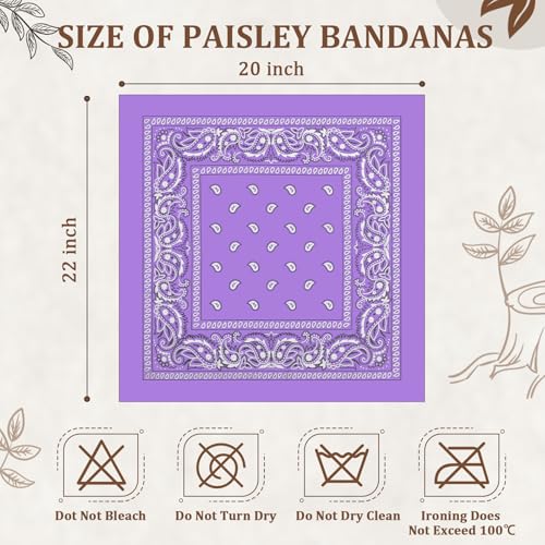 12 Pack Bandanas Unisex Paisley Cowboy Bandanas Bulk Multi Purpose Headband Scarf for Men Women Costume - color: Light Purle, style: Classic