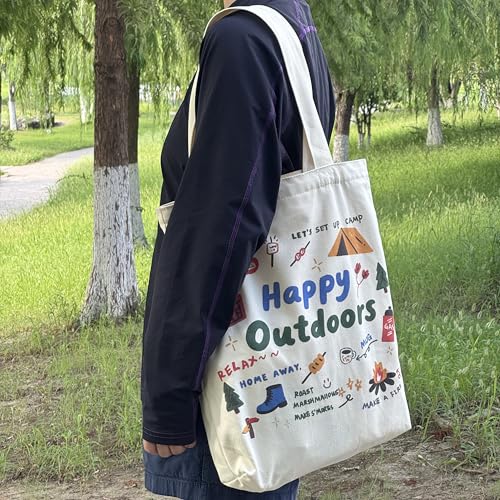 Canvas Tote Bag with Zipper for Women, Aesthetic Tote Bag with Pocket for Vacation, Shopping, Travel, Beach - style: Happy Outdoors