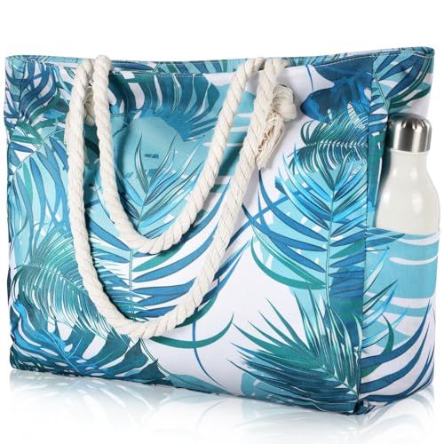 Clothirily Beach Bag for Women - Large Beach Tote Bag, Waterproof Sandproof Beach Bag with Zipper, Large Swim Pool Beach Tote - color: Green Leaves