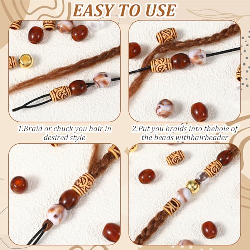 60 Pcs Wood Hair Beads for Braids, Exquisite Brown Beads for Hair, Beautiful Round Hairs Jewelry Accessories for Women Girl Men Cuffs DIY Bracelets Necklace Braids