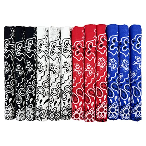 Bandanas Gift Set 12 Pack Soft Thin Handfeel Cotton Bandanna Scarf for men - color: Black&red&white&blue