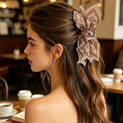 3 Pack Extra Large Boho Paisley Bandana Bow Knot Claw Clips Non Slip Hair Claws for Thick Hair Fashion Hair Accessories Gift for Women Teen Girls - color: Blue + Brown + Black