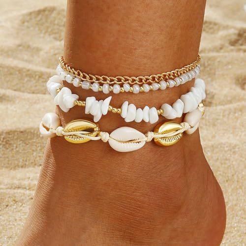 Qceasiy Shell Ankle Bracelet Set for Women, Gold Plated Boho Bead Adjustable Anklet, Hawaiian Beach Seashell Pearl Heart Starfish Conch Foot Jewelry Gifts - color: Stone Shell 4Pcs