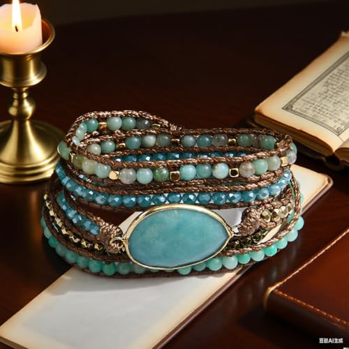 Women Wrap Bracelet Boho Natural Jasper Crystal Stone Beads Strand Bracelets - color: Amazonite #2