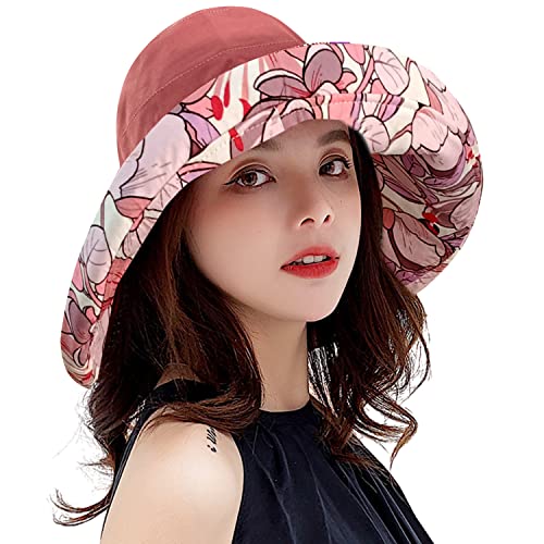 HUAMULAN Women Summer Sun Hat Wide Brim Wired Edge Floral Beach Bucket Hats Reversible Foldable Travel UV Protection Lady Hat - color: M1744-jiuhong