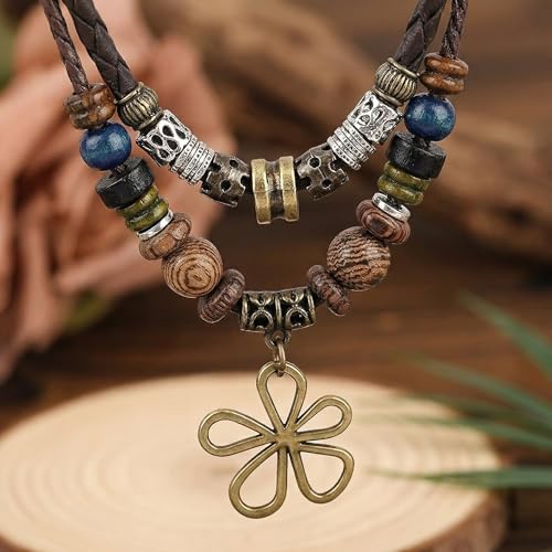 Boho Necklace for Women,Vintage Butterfly Pendant Necklaces,Adjustable Wooden Beads Layered Braided Choker,Fashion Tribal Style Leather Rope Necklace Jewelry,Chunky Statement Gift for Women - color: Brown3