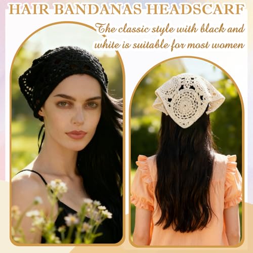 JATEBI 4PCS Women's Floral Lace Mesh Triangle Head Scarves Adjustable Boho Bandanas - color: Black, White and Beige