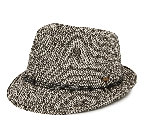 Funky Junque Straw Fedora Hats for Women - UPF 50+ Sun Hat, Short Brim Packable Beach Hat with Woven Pattern - color: Black Multi W/ Beaded Ropes