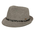 Funky Junque Straw Fedora Hats for Women - UPF 50+ Sun Hat, Short Brim Packable Beach Hat with Woven Pattern - color: Black Multi W/ Beaded Ropes