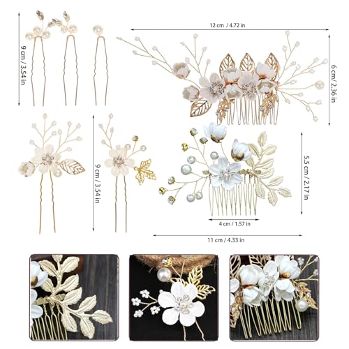Floral Hair Clip Set - 10PCS Rose Gold & White Flower Hairs Accessories for Women, Vintage Bridesmaid Hairs Pins, Wedding Hair Comb, Mother of Bride, Prom, Victorian Hair Decorations - color: White