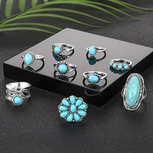 Bohemian Turquoise Ring for Women Stackable Vintage Chunky Boho Turquoise Ring Set Dainty Open Gemstone Knuckle Midi Finger Rings Western Statement Rings Jewelry - style: nine