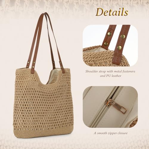 GOKTOW Crochet Beach Bag Women Woven Tote Handbag Casual Boho Bags Large Shoulder Purse For Summer Vacation Travel - color: Brown