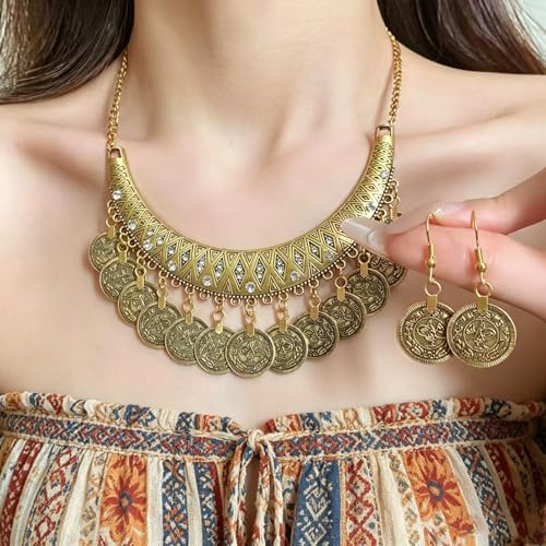FUTIMELY Chunky Coin Necklace Earrings Set,Bohemia Plated Gold Coin Tassel Personalized Choker Earrings,Ethnic Gypsy Statement Jewelry Set for Women - color: Gold