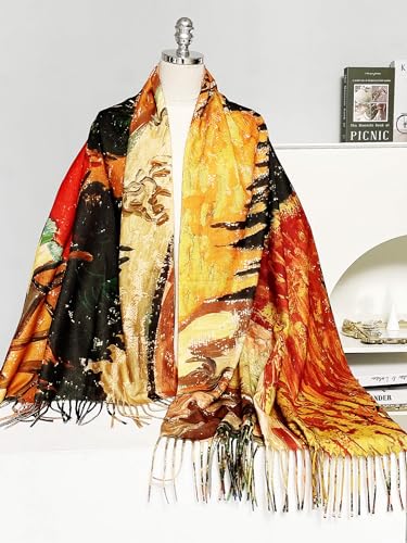 VENVSBEE Reversible Scarf Soft Large Shawl Wrap Blanket Double Sided Art Print Warm Pashmina Stoles Klimt Van Gogh Gifts - color: Art 22
