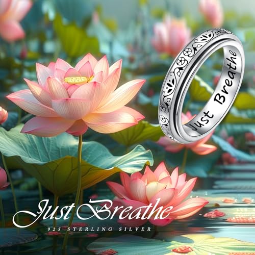 Ladytree Spinner Fidget Ring Sterling Silver Thumb Band for Women Anxiety Ring Platinum Plated Worry Stress Relief Just Breathe Boredom ADHD Autism Rings Boho Jewelry Gift - color: P-lotus just breathe