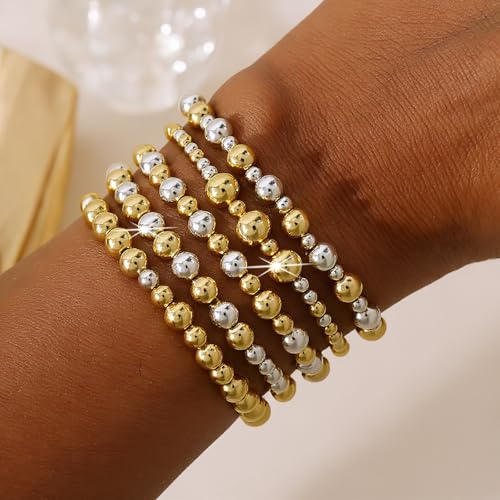 Gold Bracelets for Women Stackable 14K Gold Silver Plated Beaded Bracelets Stack Elastic Stretch Non Tarnish Bead Ball Stack Stretch Adjustable Dainty Jewelry Trendy Prom Gifts for Women - color: Gold Silver