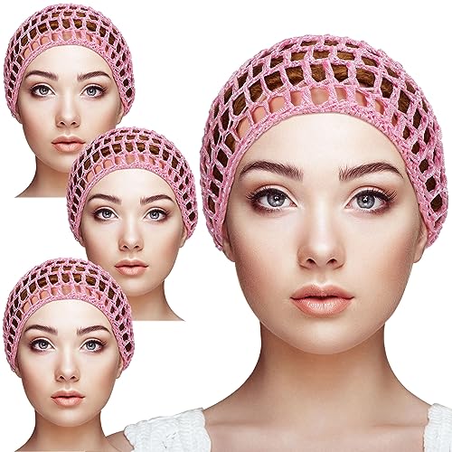 Geyoga 4 Pieces Mesh Crochet Hair Net Rayon Knit Snood Hat Thick Short Women Hairnet Snoods Cover Ornament for Sleeping (Pink) - color: Pink