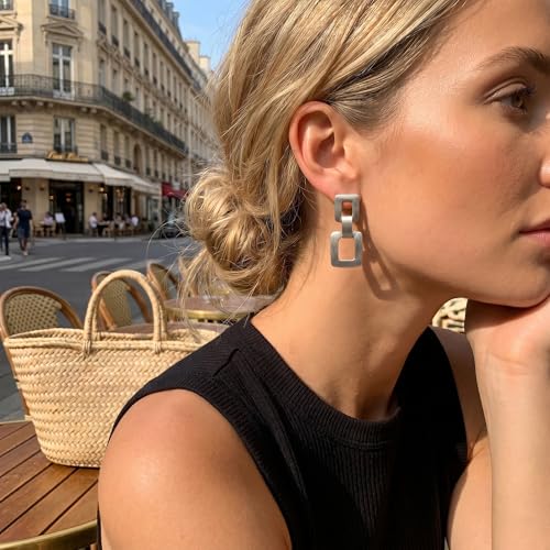 MUYAN Gold Silver Geometric Drop Dangle Earrings for Women Brushed Link Square Dangle Earrings Trendy Jewelry - color: B Brushed Silver