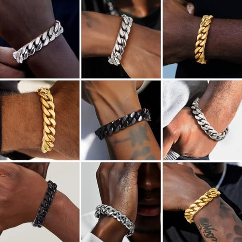 ChainsHouse Stainless Steel Cuban Link Bracelet for Men, 5mm/7mm/9mm/12mm Width, 7.5"/8.3"/9" Length, Black/18K Gold Plated Chain Wrist Bracelets for Men, with Gift Box - color: b. 14mm width-steel, size: 7.5 Inches
