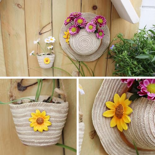 Resin Bag and Straw Hat Succulent Planter,Boho Straw Hat Wall Hanging Flower Pot,Garden Decorative Hanging Flower Pot with Drainage Hole,Plant Container Gift - color: Design-1