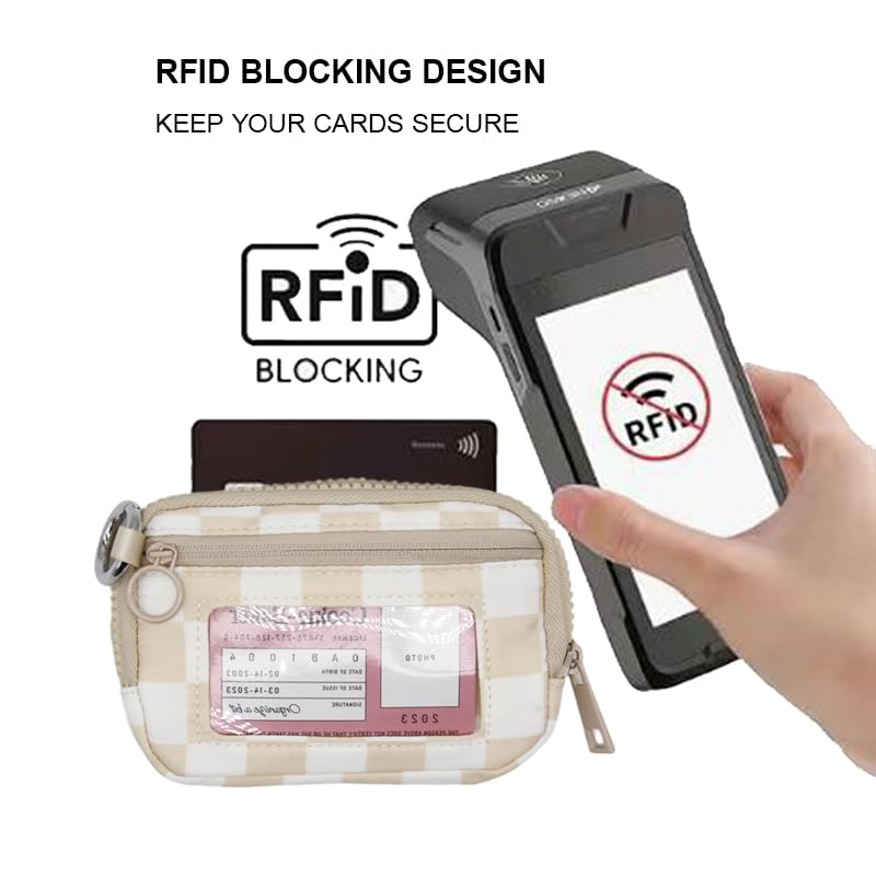 Wristlet Wallet for Women Mini Zip Card Case with Clear ID Window Zipper Coin Purse Lightweight Portable Keychain Wallet - color: Beige