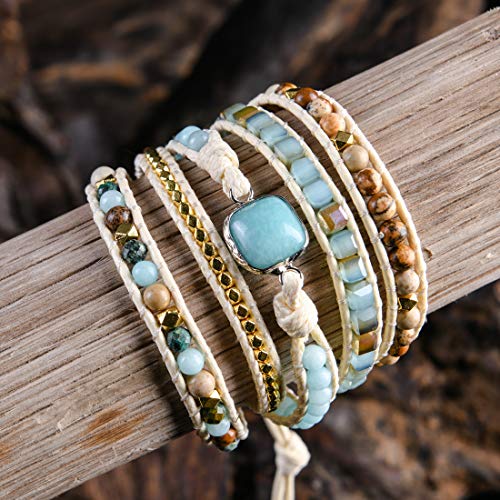 YGLINE Natural Stone Beaded Healing Wax String 5 Wraps Bracelets - color: Amazonite