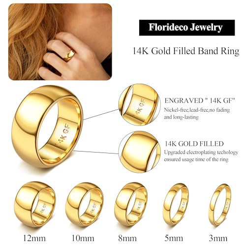 Florideco 14K Gold Filled Ring for Women Men Thick Thin Pinky Thumb Ring Wedding Band Ring Non Tarnish Plain Domed Comfort Fit Size 6 to 10 - color: 14K gold plated-10mm