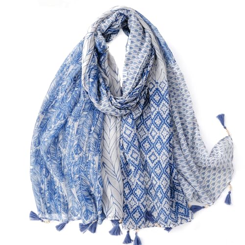 WaJuemy Travel Boho Scarf for Women Casual Lightweight Pashmina Scarves Fashion Multicolor Shawl Wraps with Fringed Beads - color: 01 Navyblue