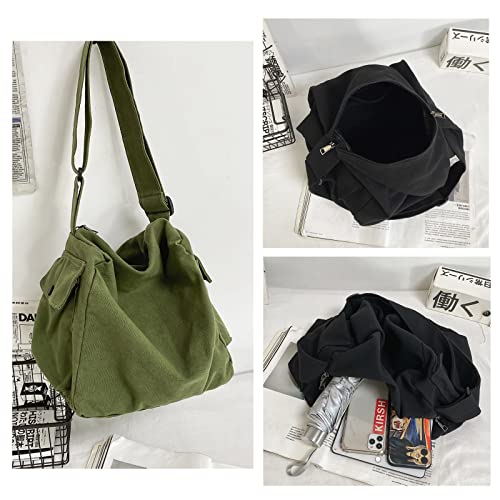 KlaOYer Canvas Messenger Bag Large Hobo Bag Crossbody Shoulder Bag Tote Bag with Pocket for Women and Men - color: White 2