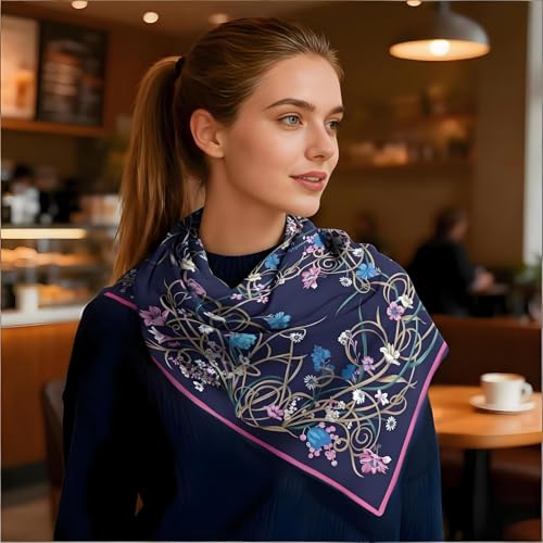 Premium Floral Scarf for Women 35x35 Square Silk Feel-Lightweight Scarves Headscarf Bandanas Wrapping Handbag - color: ‌floral Purple