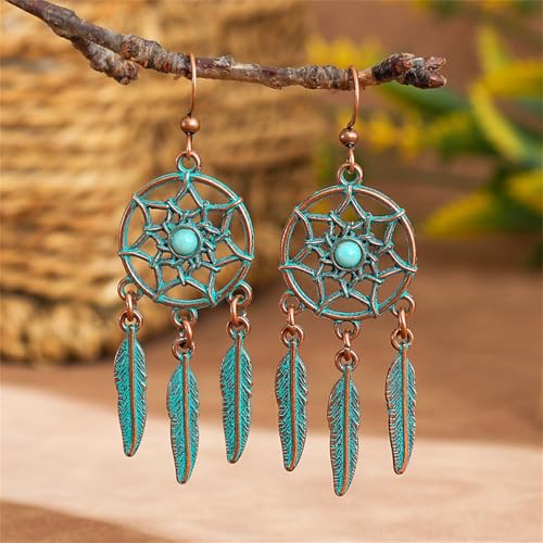 Boho Turquoise Drop Earrings Retro Long Copper Feather Tasse Metal Leaf Dangle Earrings Vintage Country Western Jewelry Cowgirl Ethnic Style Geometric Concert Festival Accessories for Women - color: Green Feather Tassel