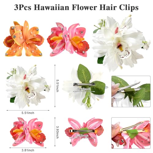 3 PCS Hawaiian Flower Hair Clips for Women，Artificial Flower Clips tropical party decorations，Hibiscus Hair Accessories for Wedding Bridal Beach Party - Orchid & Lily - color: Orchid & Lily