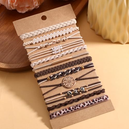 DIYDEC 12pcs Hair Ties Bracelet for Women Boho Braided Hair Ties No Damage Elastic Hair Bracelet Band for Girls Soft Thick Thin Long Curly Hair Accessories(Pearl) - color: white