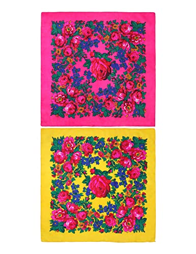 MJ SERECA Acrylic Bandana Printed Hair Scarf Square Ukrainian Head Scarf Floral Babushka Neck Scarf for Women 30"/42"/60" - color: 2 Pack-c 42"