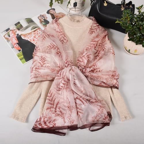 100% Mulberry Silk Women's Neck Silk Scarf-Lightweight Shawl,FLoral Print Beach Silk Wrap-Scarves for Photography - color: Burgundy Leaves
