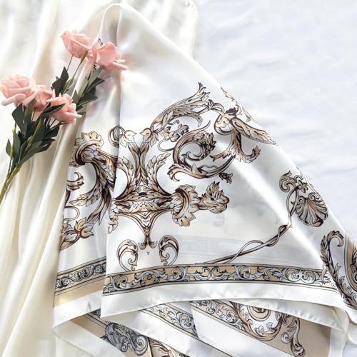 Julunar Silk Like Head Scarf for Women - Satin Large Hair Scarves - 35" Square Silk Hair Wrap for Sleeping with Gift Packed - color: A000-2 Pattern Beige