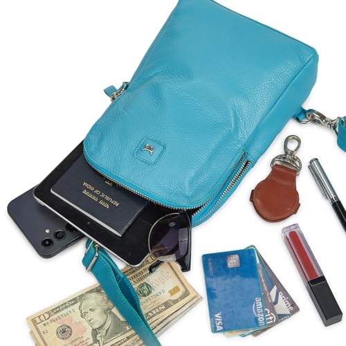 Leather Sling Bag for Women Genuine Crossbody Purse Small Trendy Cross Over Chest with Phone and Credit Card Slots (Air Blue Nappa) - color: Air Blue Nappa
