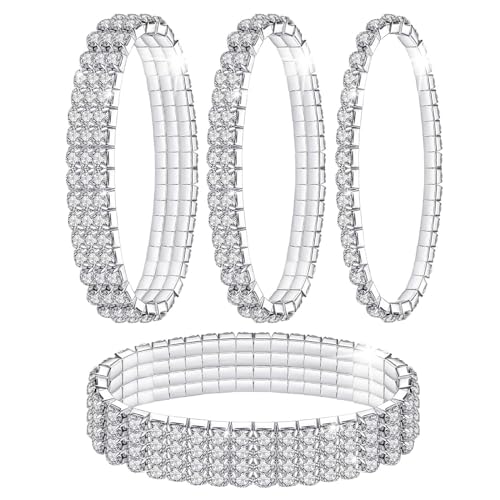 Kucheed Rhinestone Stretch Bracelets, Twinkle Diamond Tennis Bangle, Silver Crystal Sparkling Bridal Stackable Bracelet Jewelry, Bling Shining Wedding Party Elastic Band Bracelet for Women - color: Silver - 4PCS