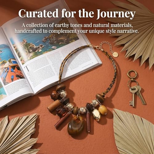 Coiris Chunky Statement Beaded Necklace for Women Bohemia Colorful Wooden Stone Beads Leather Rope Handmade Necklace Jewelry for Women - color: Leopard