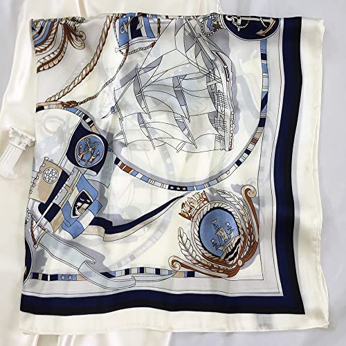Julunar Silk Like Head Scarf for Women - Satin Large Hair Scarves - 35" Square Silk Hair Wrap for Sleeping with Gift Packed - color: A004-1 Pirate Ship White
