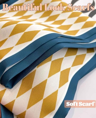 kcctoo 59” Long Silk Like Head Scarf Women's Fashion Square Neck Satin Scarfs for Bag Hair Scarves Gift 59 * 5.9” - color: S1 Green Street Yellow White 59" X 5.9"