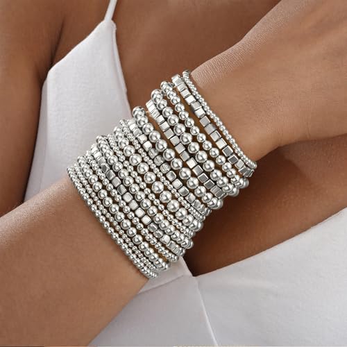 ÌF ME 16 PCS Gold Bead Bracelet for Women, Gold Beaded Stretch Plated Stackable Strand Bead Ball Bracelets stack Adjustable Jewelry Set for Gifts - color: 16 PCS Silver